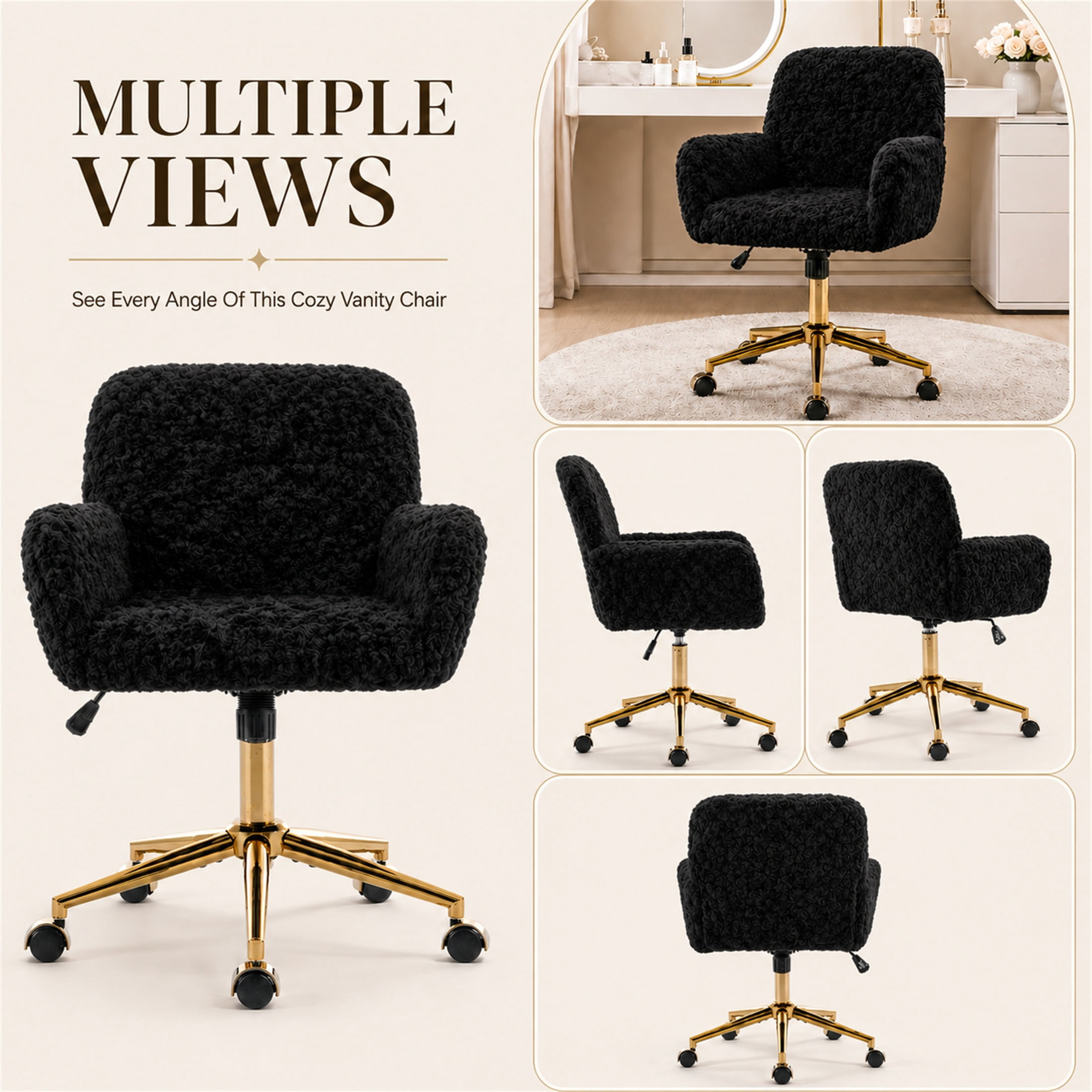 SESSLIFE Vanity Chair, Height Adjustable Velvet Makeup Chair, Comfy Home Desk Chiar with Gold Legs, 360° Swivel Office Chair for Bedroom, Black
