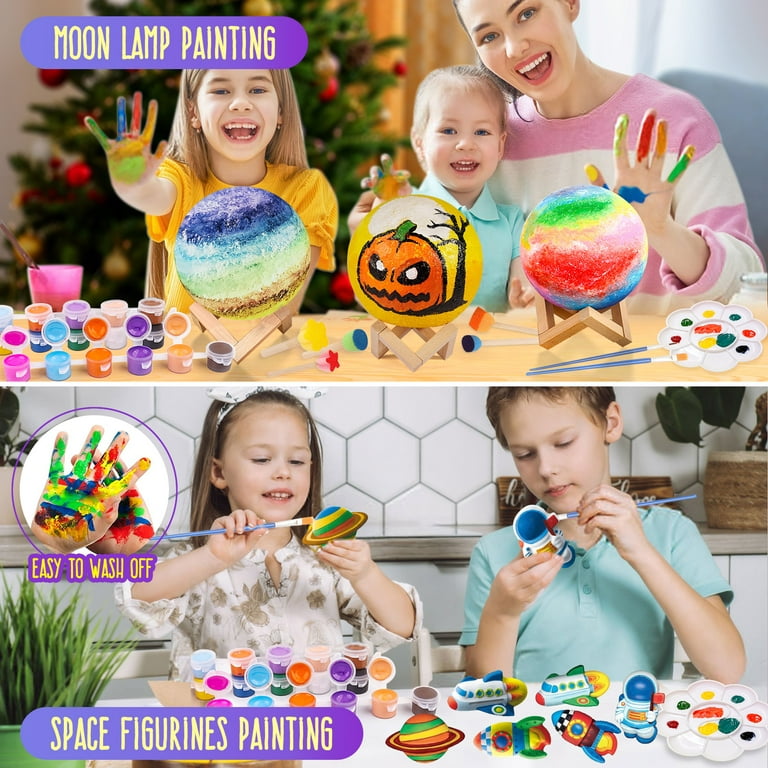 Paint Your Own Moon Lamp Kit, 3D DIY Moon Night Light with Space Figurines & Wooden Stand, Creativity Arts & Crafts Kit for Kids, Teen Girls Boy