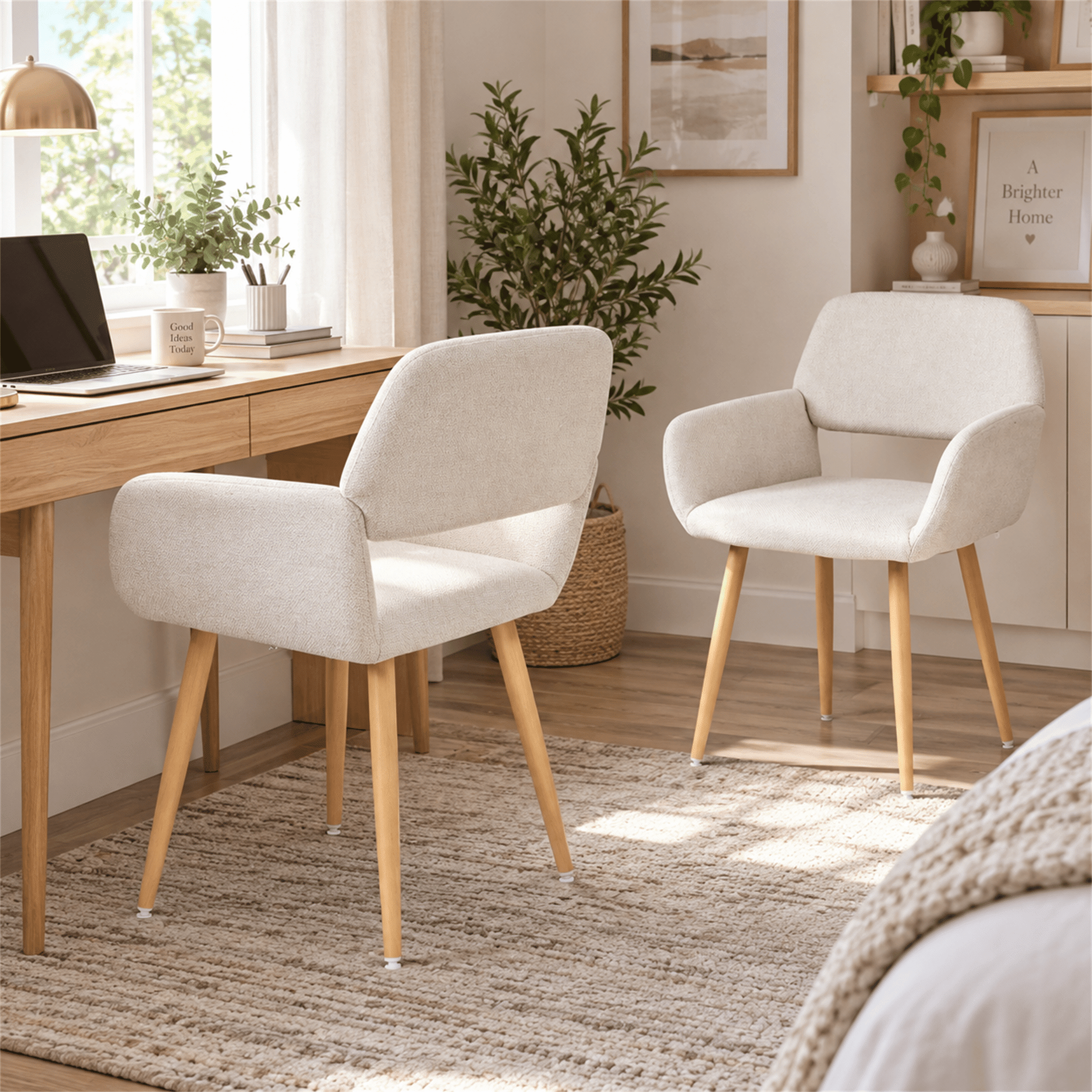 Homy Casa Set of 2 Modern Upholstered Dining Armchairs with Wood Legs for Kitchen Beige