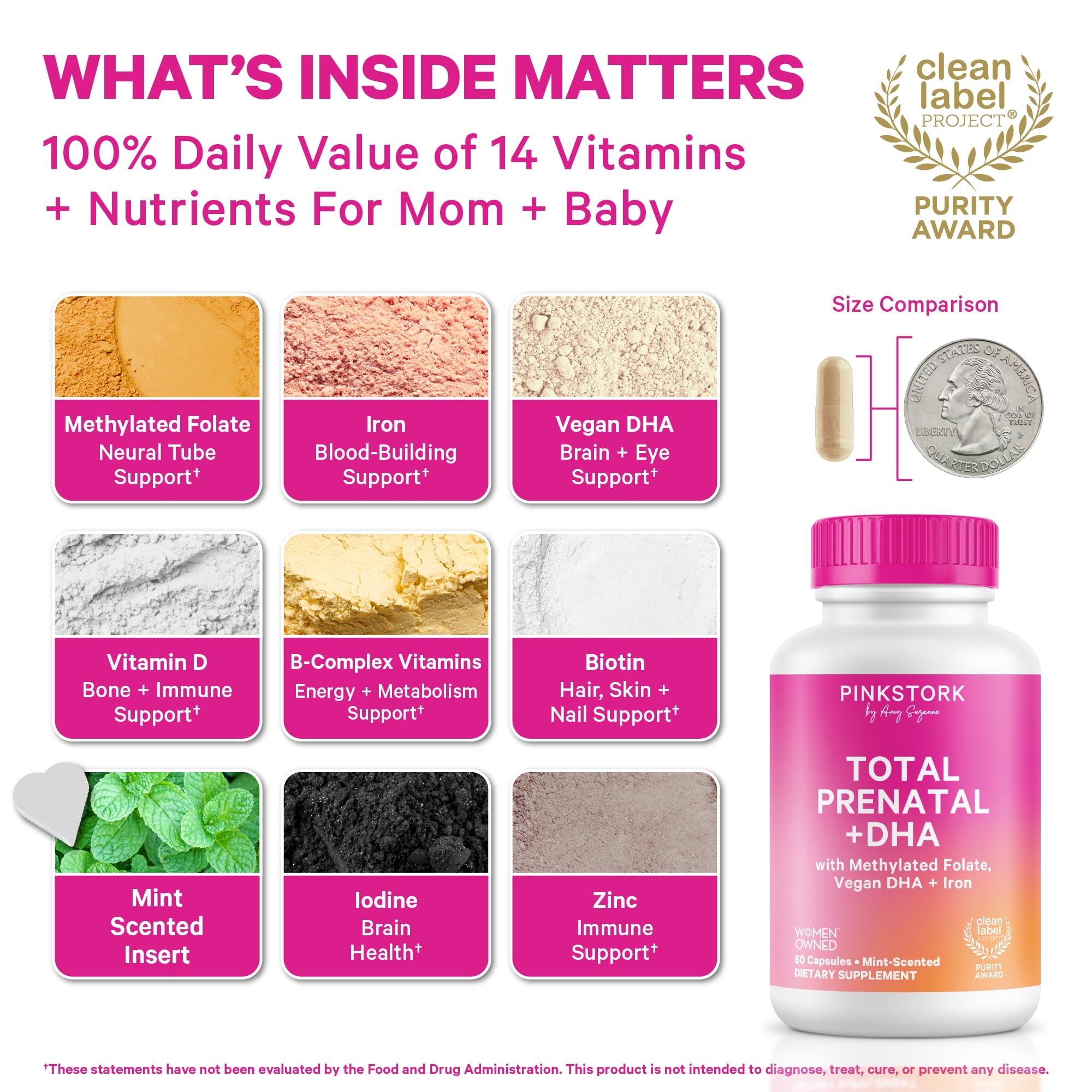 Pink Stork Total Prenatal Vitamins with DHA, Biotin, Folate, Choline, Iron - Non GMO, 60 Daily Capsules