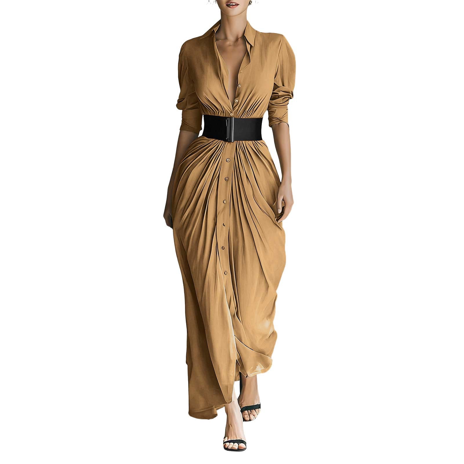 YueHuiYing Women's Single Breasted Shirt Lapel Elegant Belt Slim Fit Pleated Long Sleeves Solid Color Slit Party Dress