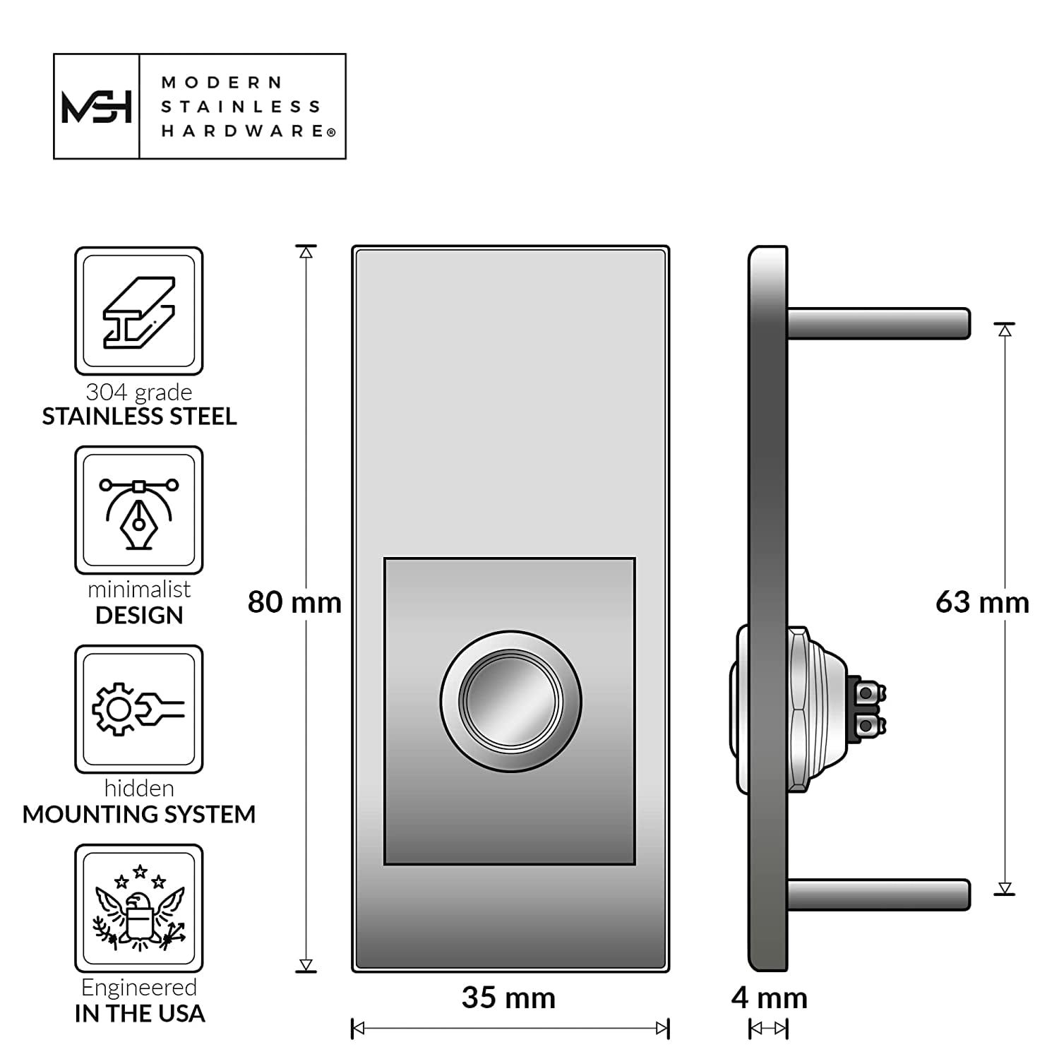 Modern Stainless Hardware R6 Stainless Steel Doorbell Button, 1.37” x 3.14” x 5/32”, 4mm Thick