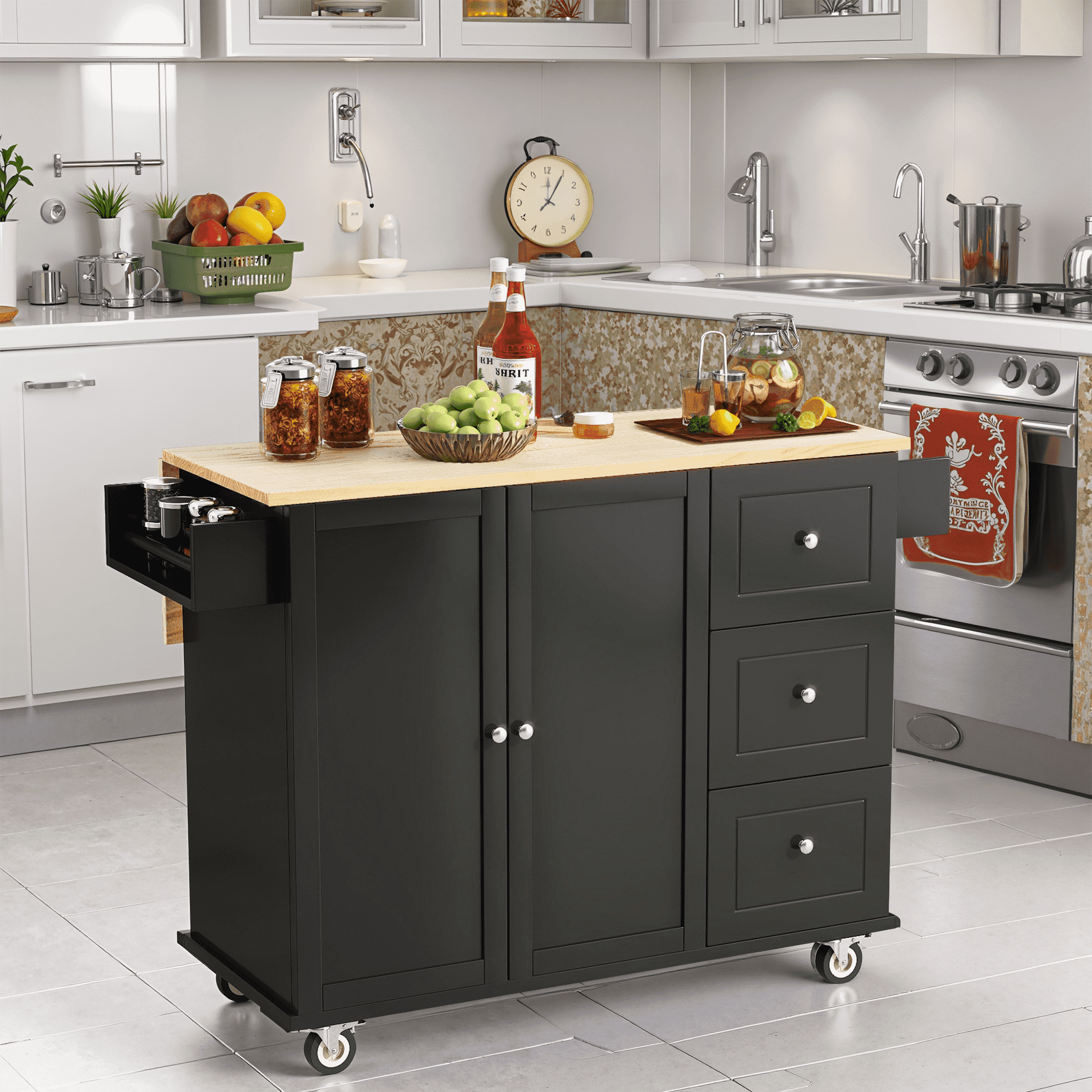 MAYEERTY Rolling Mobile Kitchen Island with Drop Leaf, Locking Wheels & Storage Cabinet
