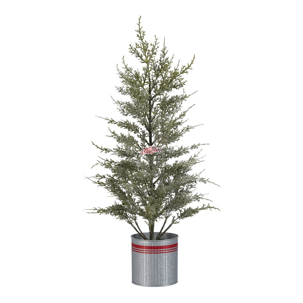 Holiday Time Glitter Cedar Tree with Red Striped Metal Bucket Christmas