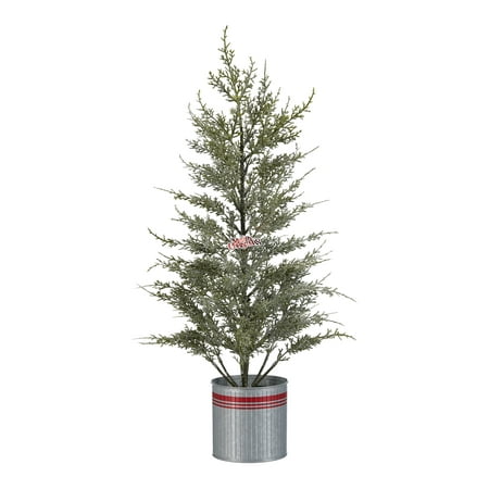 Holiday Time Glitter Cedar Tree with Red Striped Metal Bucket Christmas Decoration,