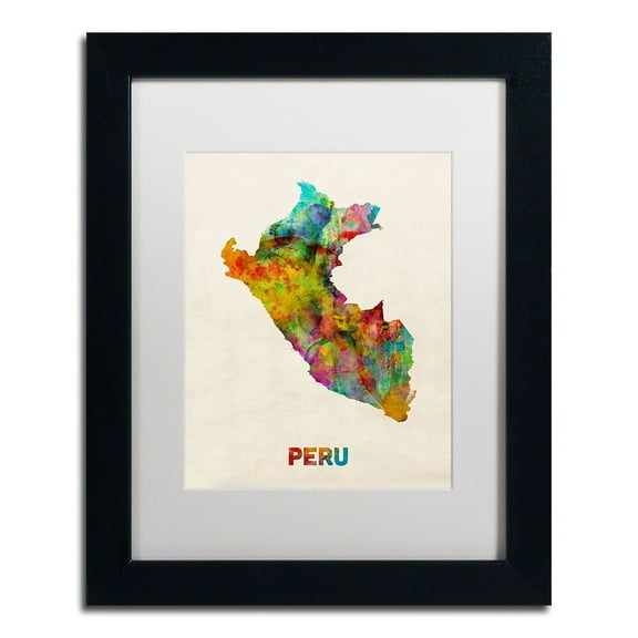 Trademark Fine Art "Peru Watercolor Map" Canvas Art by Michael Tompsett, White Matte, Black Frame