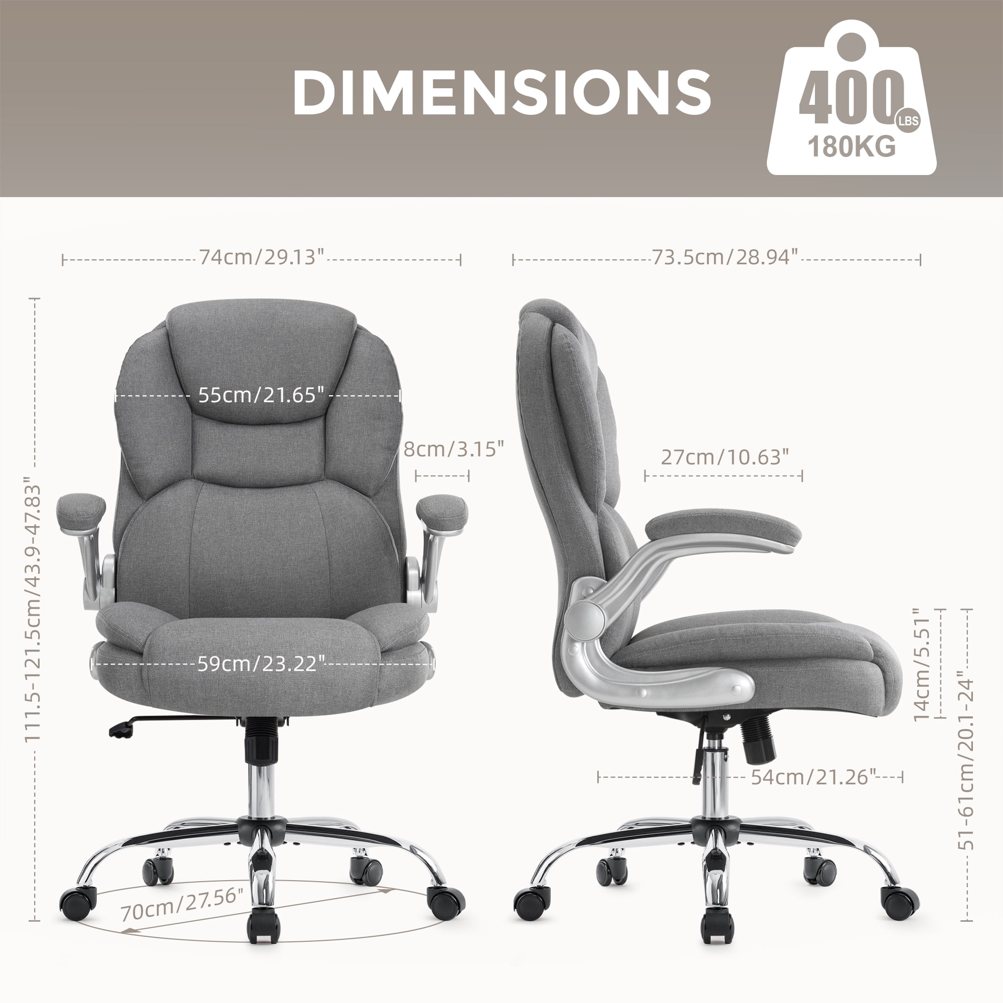 Gray Executive Office Chair, Ergonomic Big and Tall Computer Desk Chair, High Back with Padded Flip-up Armrest, Lumbar Support Swivel Rolling Chair