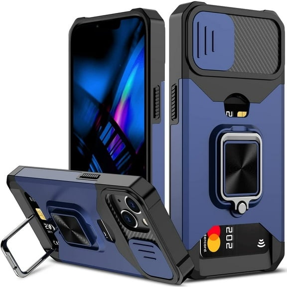for iPhone 14 Case with Sliding Camera Cover and Card Holder Heavy Duty Protective iPhone 14 Case with Ring Magnetic Kickstand Phone Case for iPhone 14 6.1 inch(Blue)