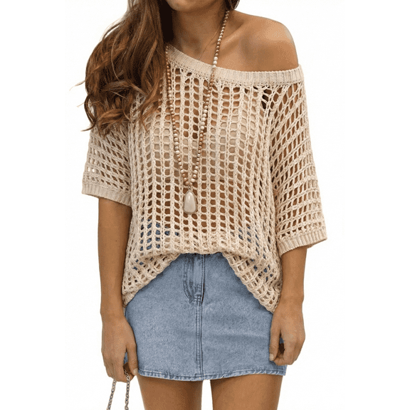 SOMER Womens Summer Scoop Neck Short Sleeve Sweater Casual Crochet Hollow Out Knit Tops Pullover Shirts Beach Coverup