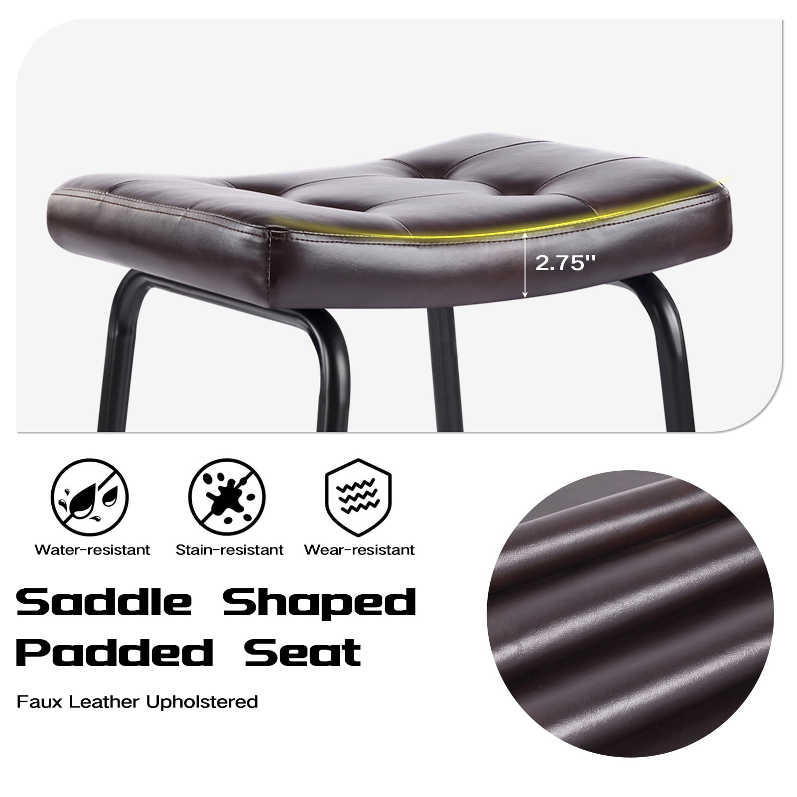 25" Saddle Counter Stools Set of 2, Tufted Faux Leather Counter Height Bar Stools with Metal Legs for Kitchen Island, Black Brown