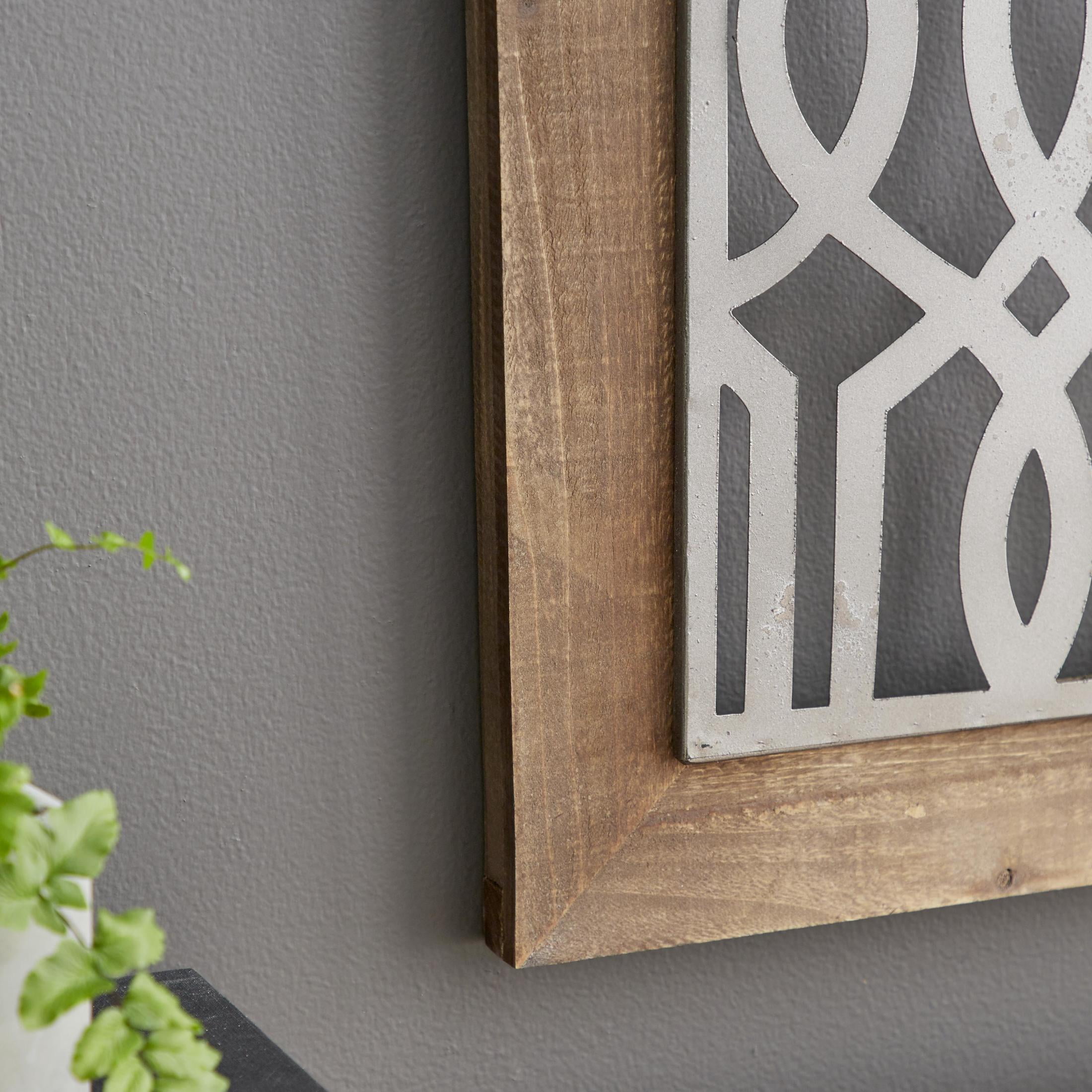 DecMode Farmhouse Natural Brown Wood Square Wall Décor, Set of 4 19"W x 19"H, Features Quatrefoil, Imperial Trellis, Chain-Link and Tile Patterns