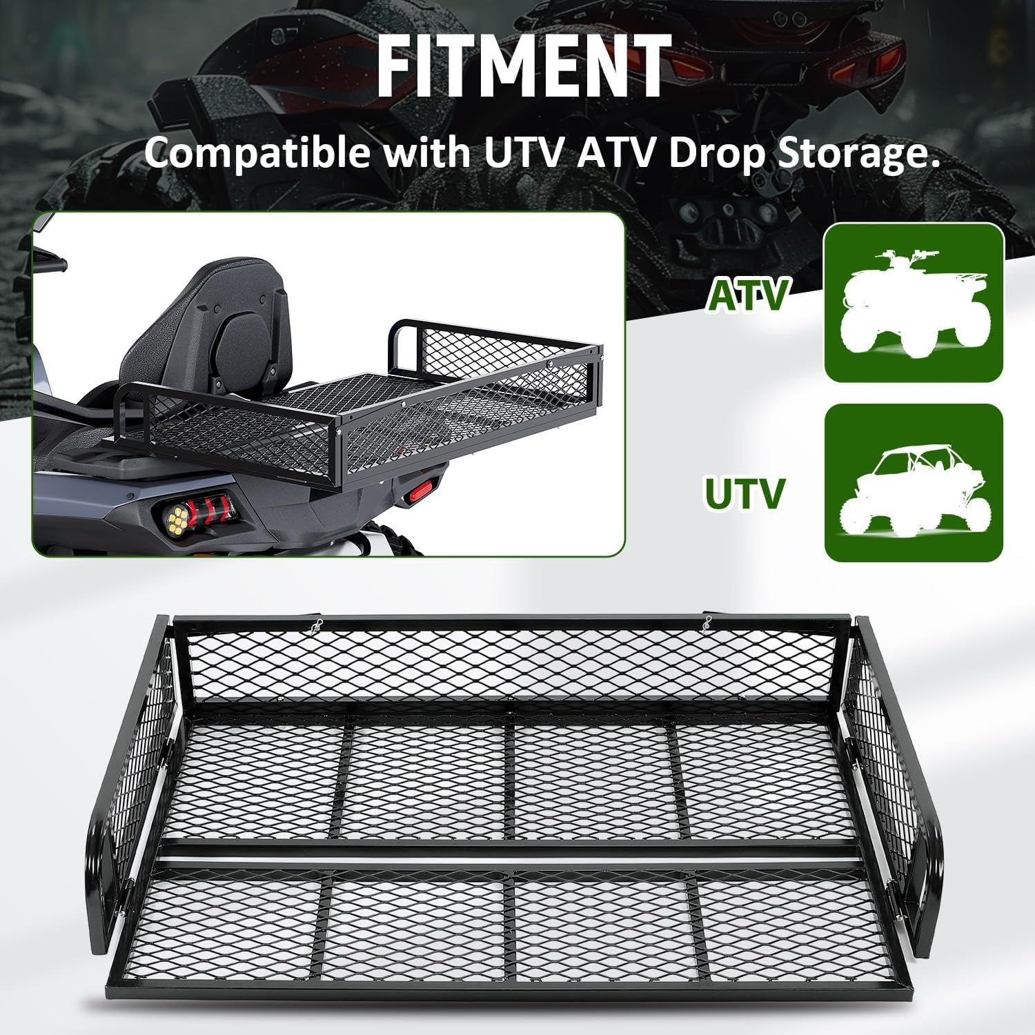 KOJEM 42" Rear Cargo Basket Universal ATV UTV Black Steel Storage Rack Rear Goods Mesh Rack