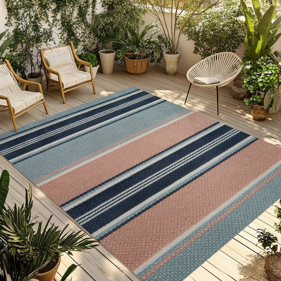 Pink Blue Stripes Lines Outdoor Area Rug 3x5ft Decorative Indoor Outdoor Rug Linen Classic Vertical Striped Patio Area Rug for Porch, Deck, Balcony, Entryway, Camping & RV