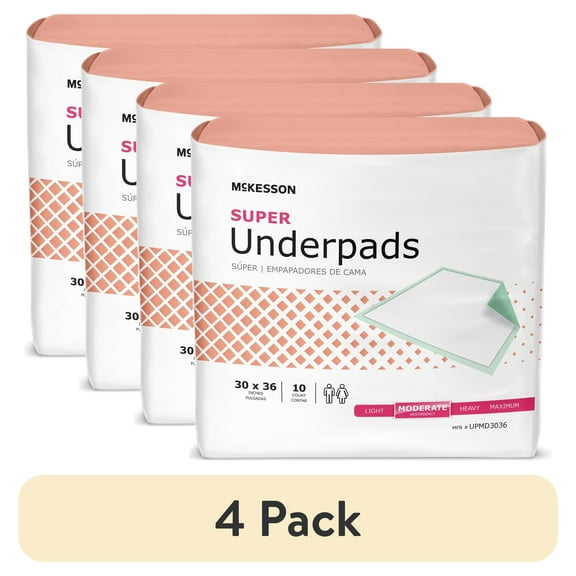 (4 pack) McKesson Super Underpads for Incontinence, Moderate Absorbency - 30 in x 36 in, 10 Ct