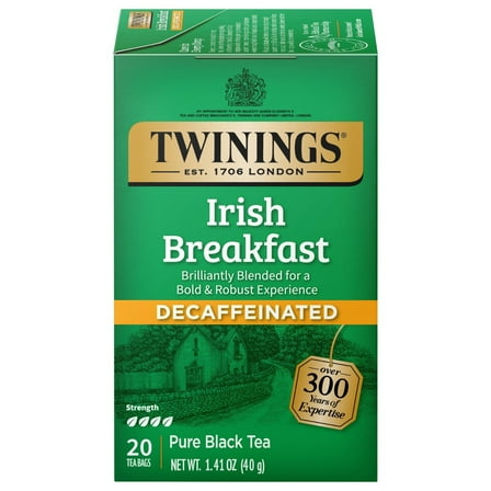 Pack of 2 - Twinings Irish Breakfast Tea, Decaf Tea Bags, Strong And Distinctive Black Decaffeinated Tea, 20 Individually Wrapped Tea Bags