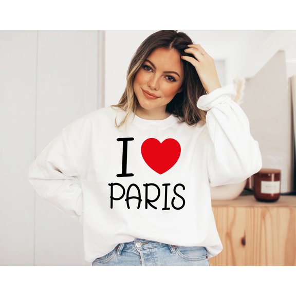 I Love Paris Heart Print Sweatshirts for Women Crewneck Graphic Sweatshirt S - 3XL Sizes White