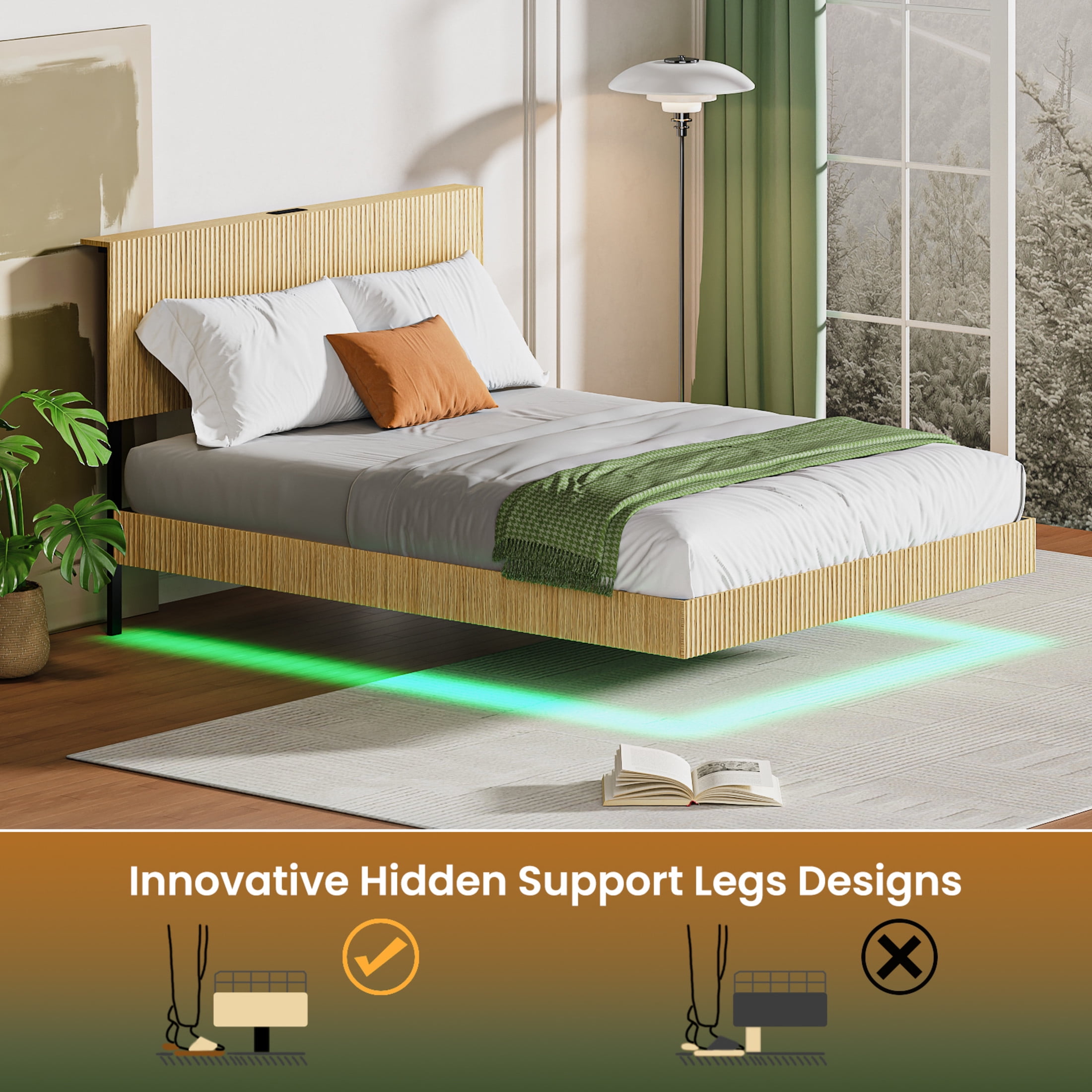 Noble House Modern Queen Floating Bed Frame with Charging Station, LED Lights & Wavy Headboard, Oak