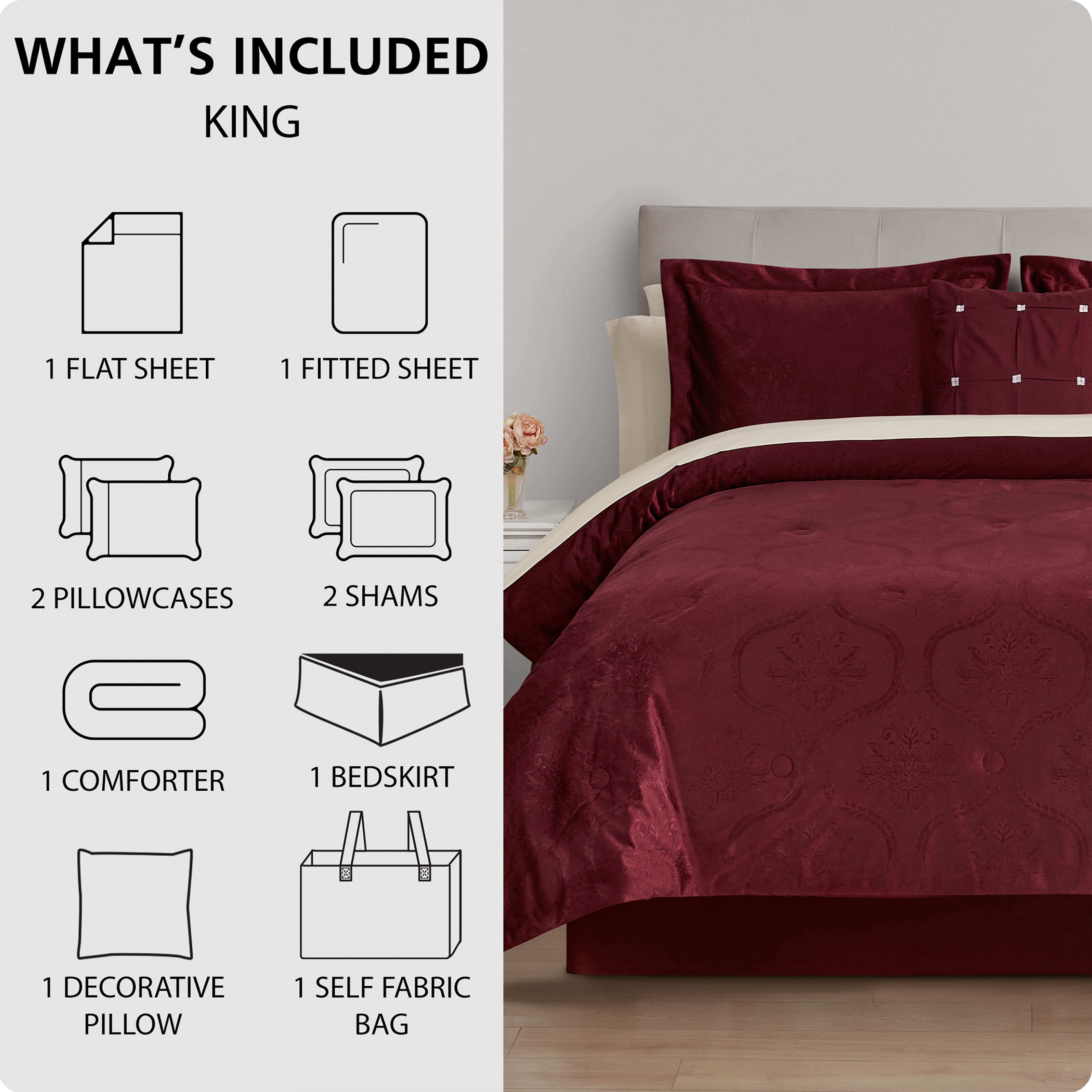 Mainstays All in One Reversible Comforter and Sheet set- 11 Piece, King, Red Velvet