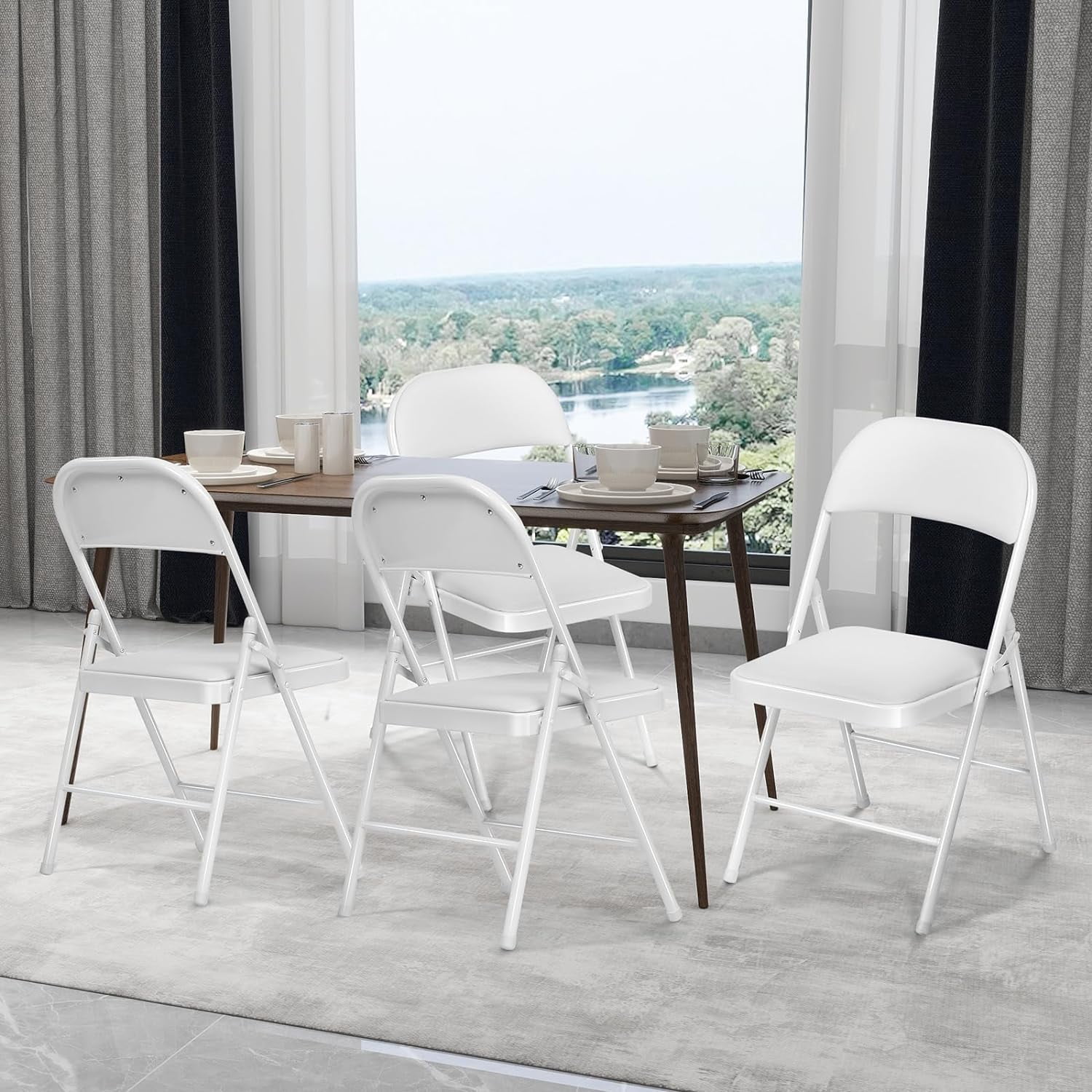 SUGIFT Padded Seat and Metal Back Folding Chair, White, 4 Pack