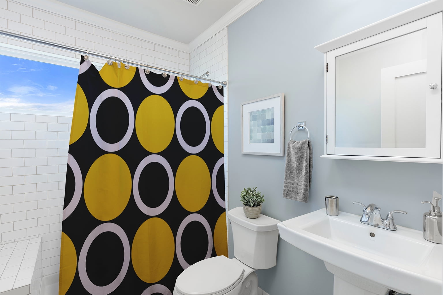 Simply Daisy 70" W x 73" L Mod Circles Polyester Shower Curtain, Mustard [1 Ct]