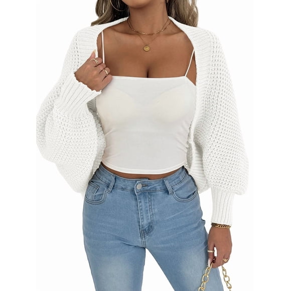 Women Open Front Ribbed Knit Crop Drop Shoulder Long Sleeve Solid Loose Fit Knitted Crop Cardigan Shrug White One size