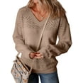 thumbnail image 2 of Women Knit Sweaters Fall V Neck Long Sleeve Pullover Casual Loose Sweater Coffee XS, 2 of 8