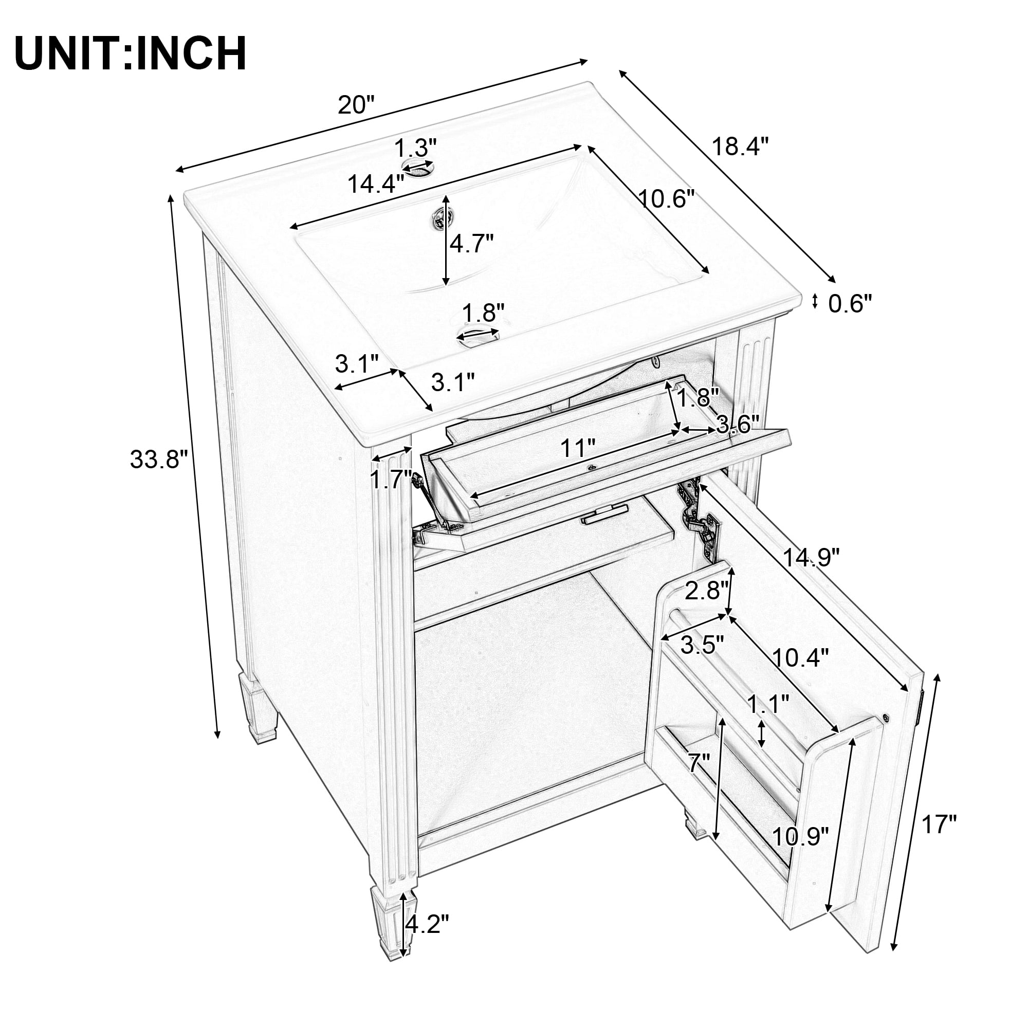 Euroco 20" Bathroom Vanity with Integrated Ceramic Sink, Soft-Close Hinges and Drawer Storage, Solid Wood Legs