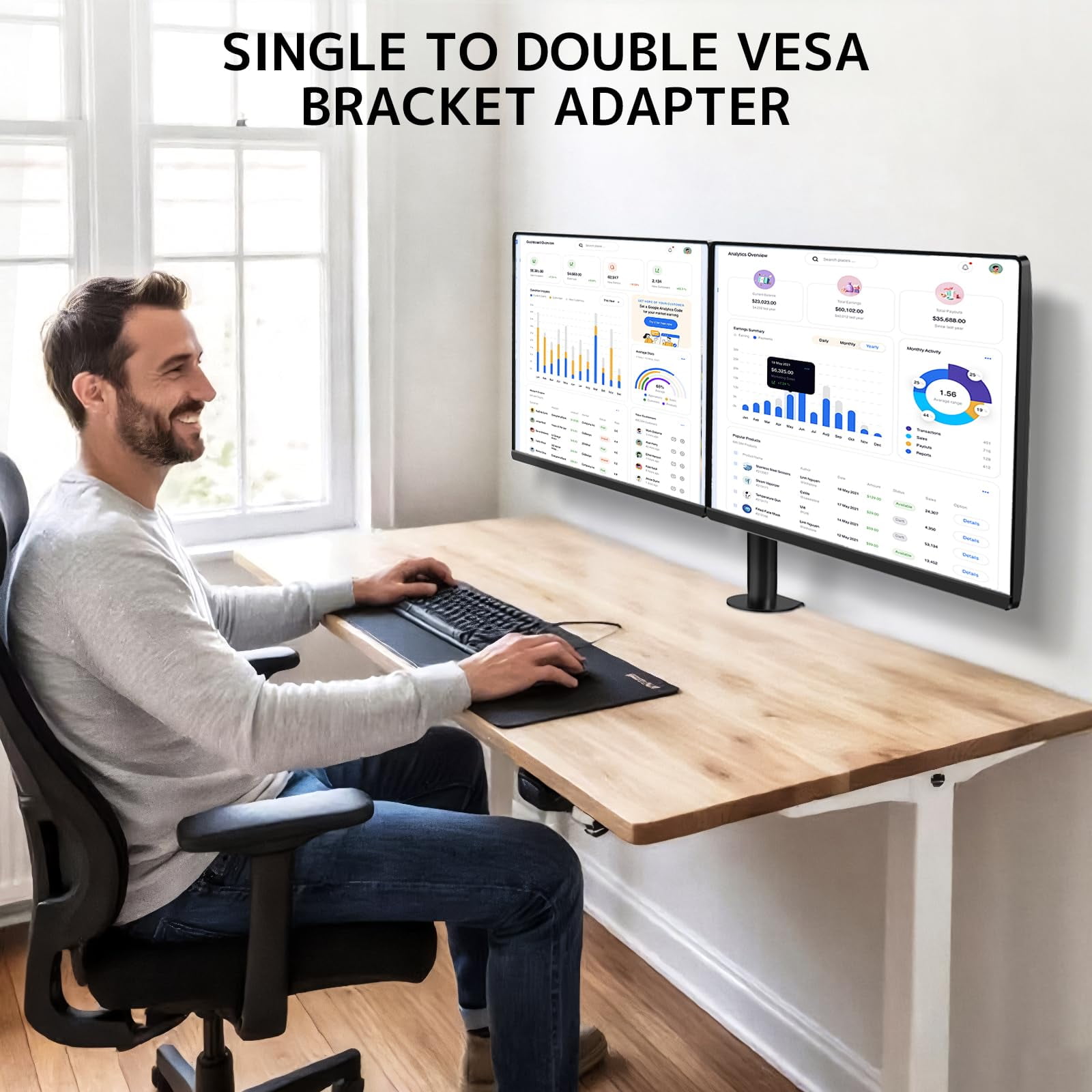 PUTORSEN Dual Monitor Wall Mount, Horizontal Assembly Mount for 2 Monitor Screens up to 35 inches, Max. 10kg per Arm, VESA 75x75/100x100mm