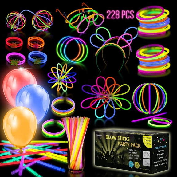 Ingeniuso Glow Sticks Party Pack - 228 Pieces - 100 Glow Sticks   100 Connectors   28 Accessories - Multicolor Glow in the Dark for Kids Birthday Party