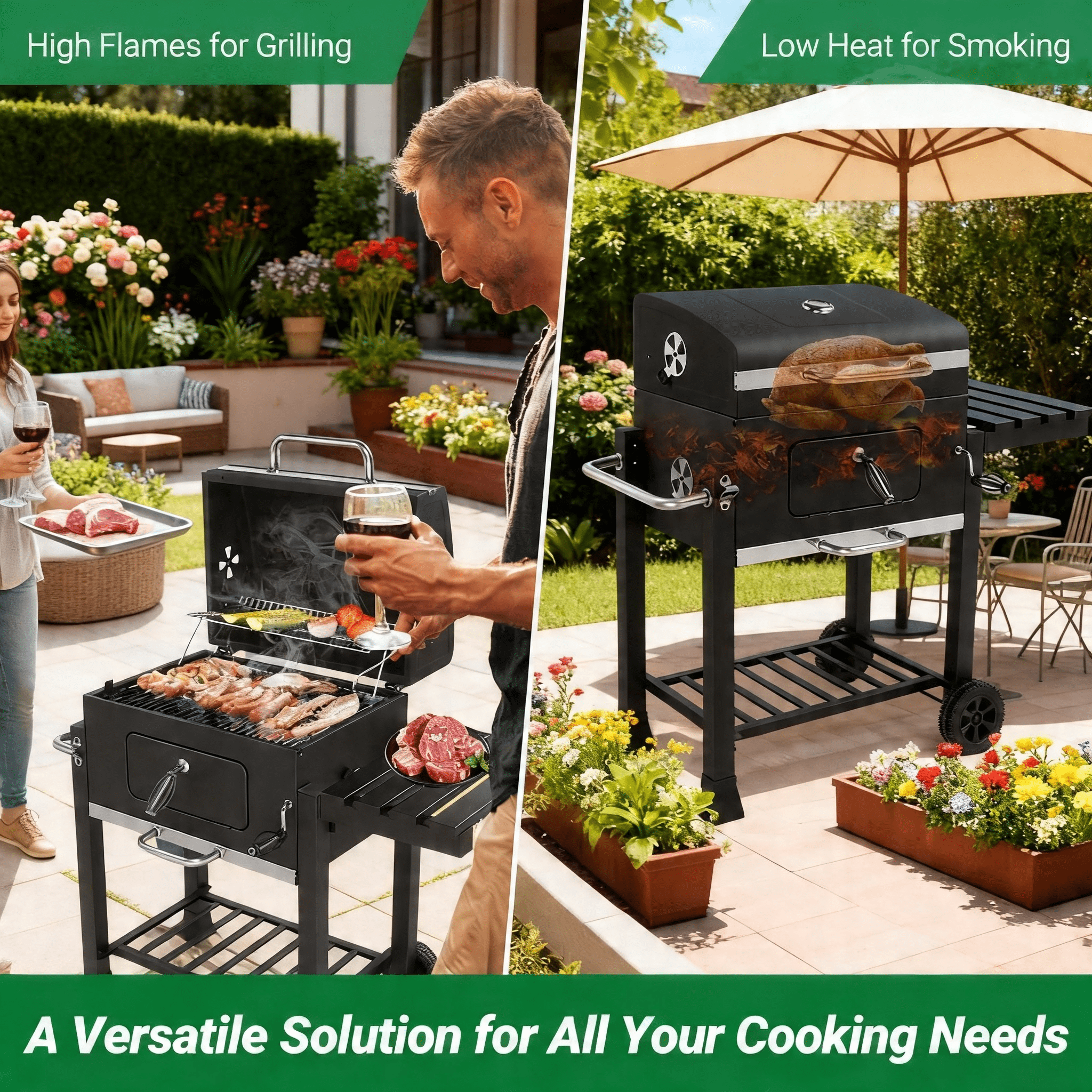 LODZPK Charcoal Grill with Foldable Side Table & Wheels, Heavy-Duty for Patio Garden Grilling