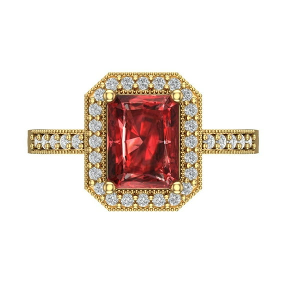 2.78 ctw with Simulated Diamond Halo Accents Anniversary Ring for Women | Emerald Cut Natural Garnet | Hyperallergenic Solid 14K Yellow Gold