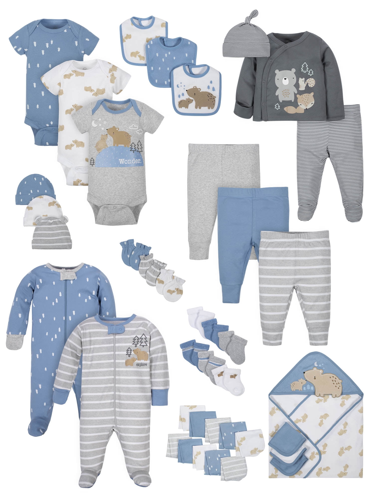 Wonder Nation Baby Boy Newborn Clothes Essentials Gift Set, 40Piece
