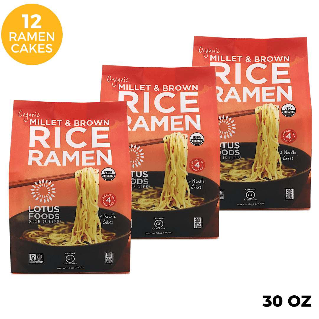Lotus Foods Organic Millet & Brown Rice Ramen - Gluten Free Ramen Noodles, Whole Grain, Organic Vegan Ramen, Low Sodium Rice Noodles - 10 Oz Bags (Pack of 3)