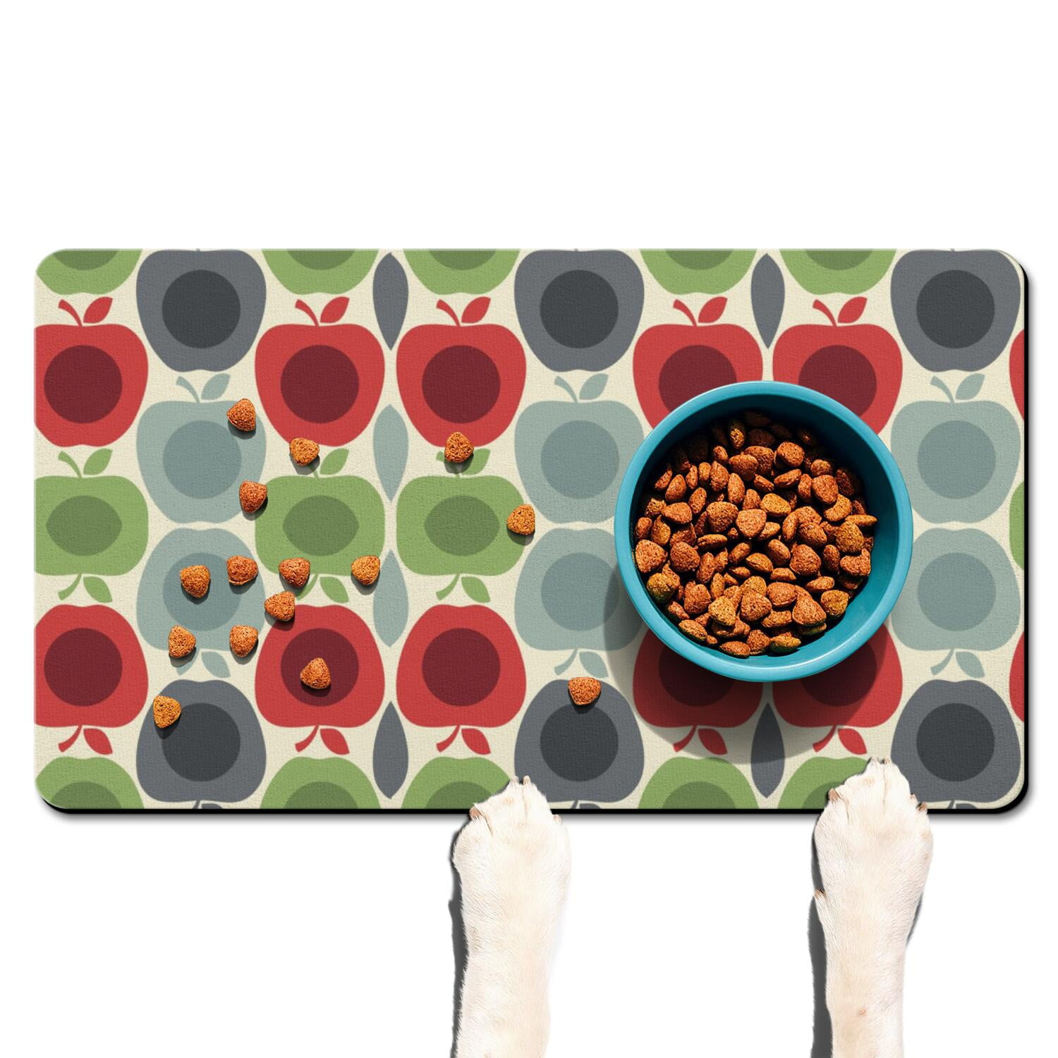 Dog Food Mat 17x30 Inch Pet Feeding Mat with Cute Apple Print Durable Absorbent Non-Slip Mat for Dogs and Cats Quick Dry Easy Clean Classic Red and Green Fruit Design