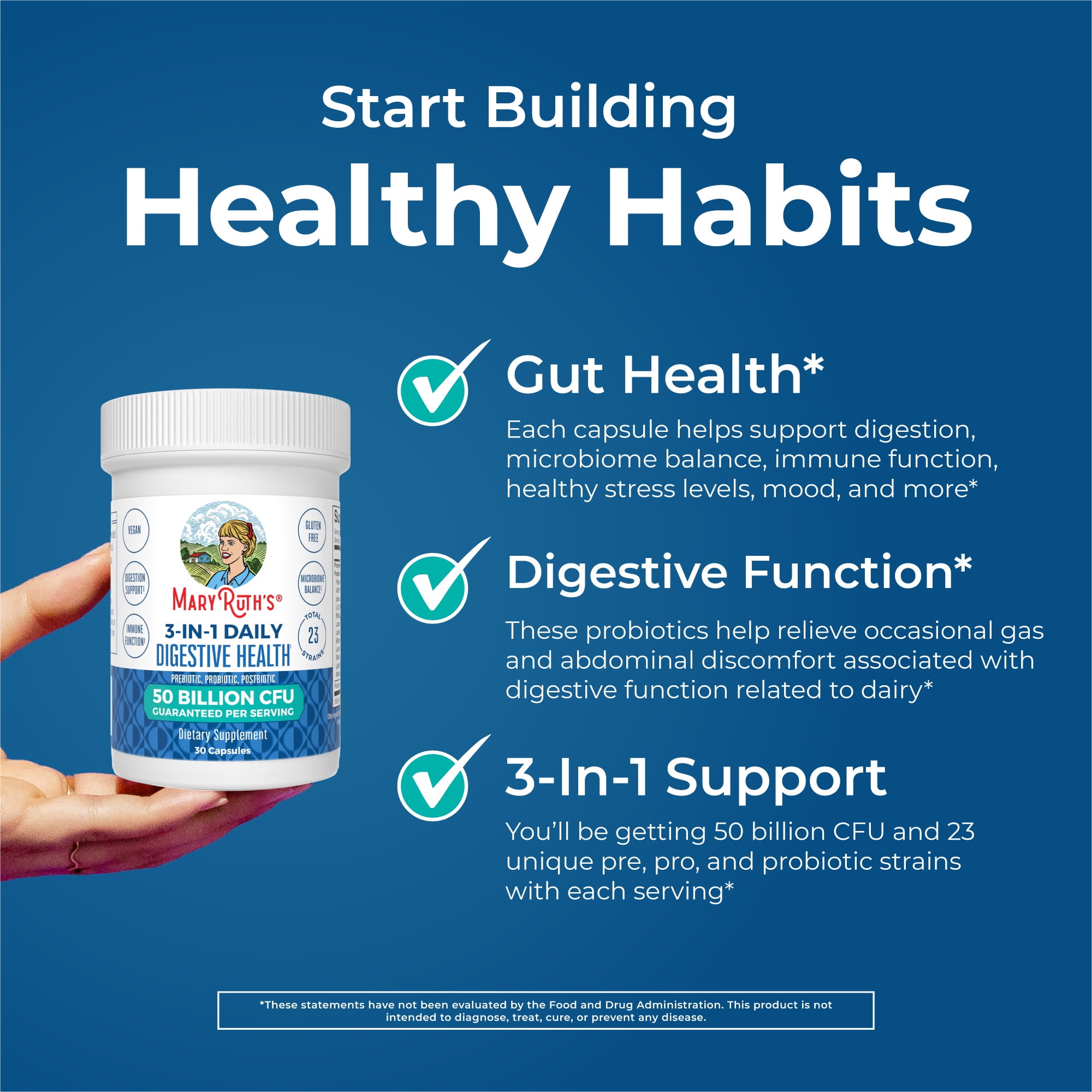 (3 pack) MaryRuth's 3-in-1 Probiotics Digestive and Gut Health 50 Billion CFU Vegan Dairy-Free for Women and Men 30 Servings One Bottle 30 Count