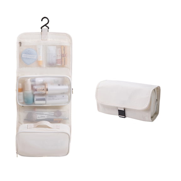 2IN1 Hanging Travel Toiletry Bag, Large Capacity Waterproof Cosmetic Makeup Organizer Bag with Detachable Compartment, Foldable Hanging Shower Wash Bag for Business Trip, Camping,Beige