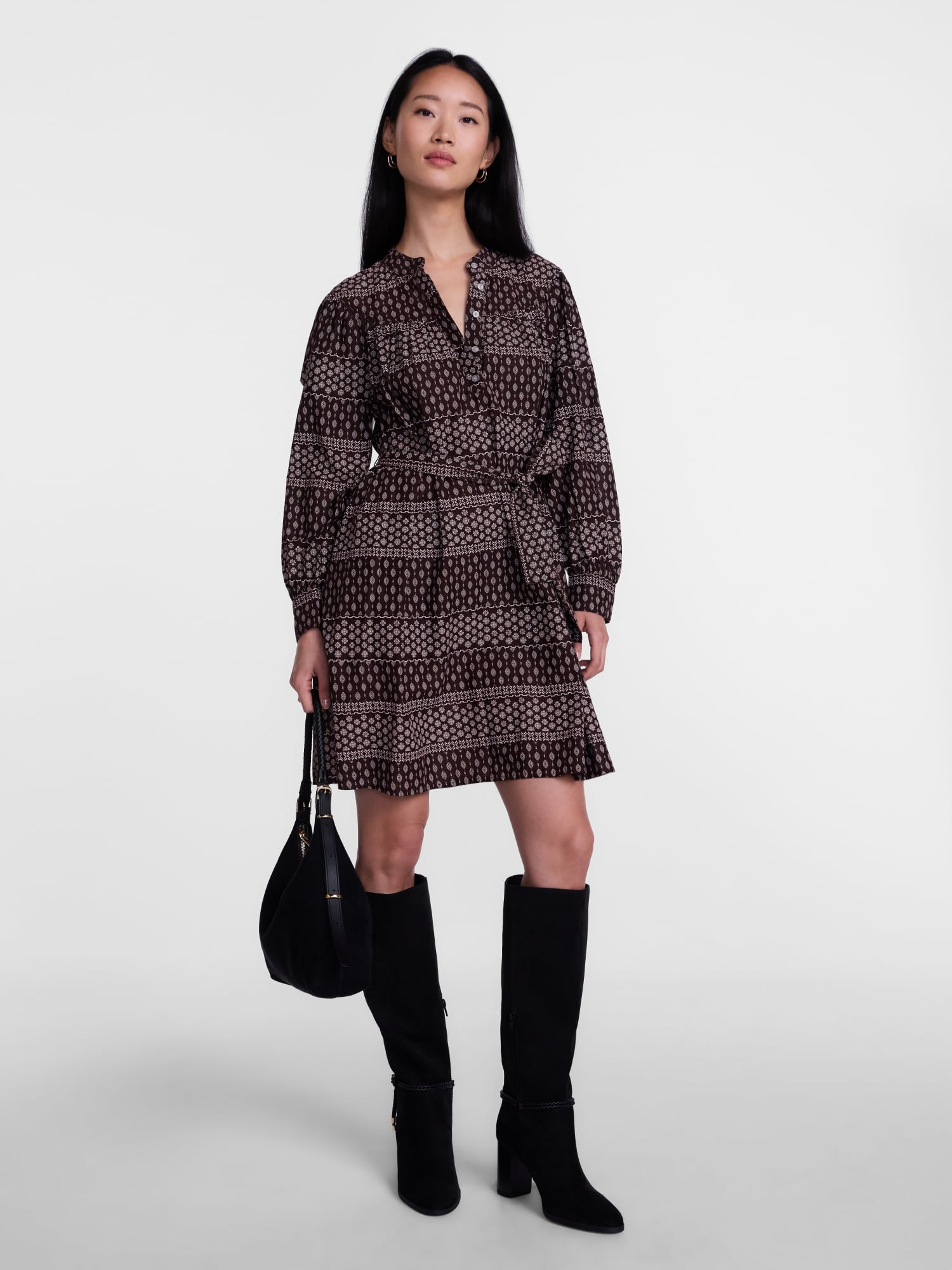 Scenario Women's Band Collar Shirtdress with Long Sleeves, Sizes XS-XXXL