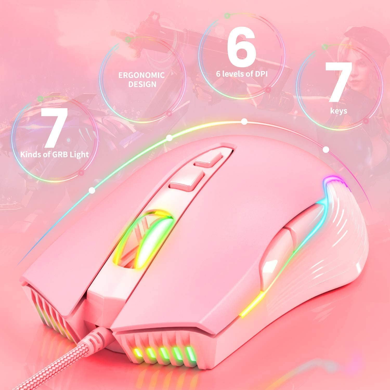RGB Gaming Wired, USB Optical Computer Mice with RGB Backlit, 6 Adjustable DPI Up to 6400, Ergonomic Gamer Laptop PC with 7 Programmable Buttons for Windows Vista Linux (Pink)