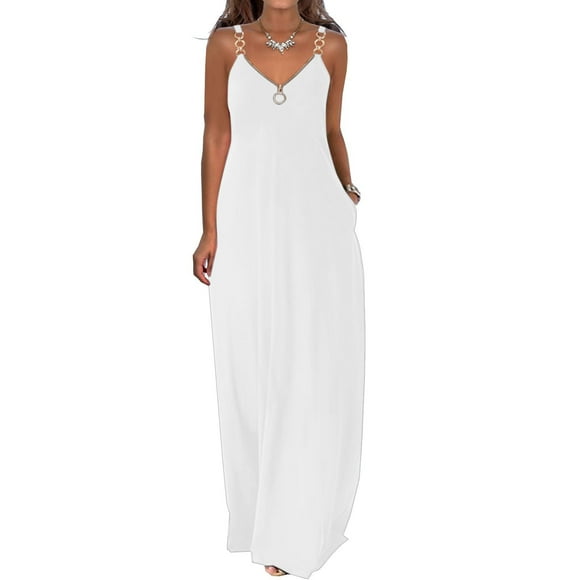 EGNMCR Holiday Dresses for Women Summer Dresses For Women Casual Boho Solid Color Hoop Sling Beach Long Maxi Dress With Pockets