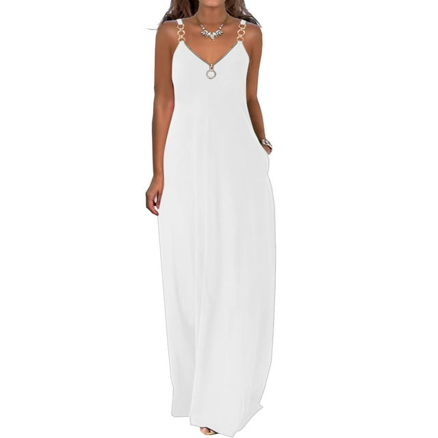 RBCKVXZ Robe Maxi d'Été pour Femmes Col en V Sans Manches Cerceau Solide Robe de Plage Blanche TG