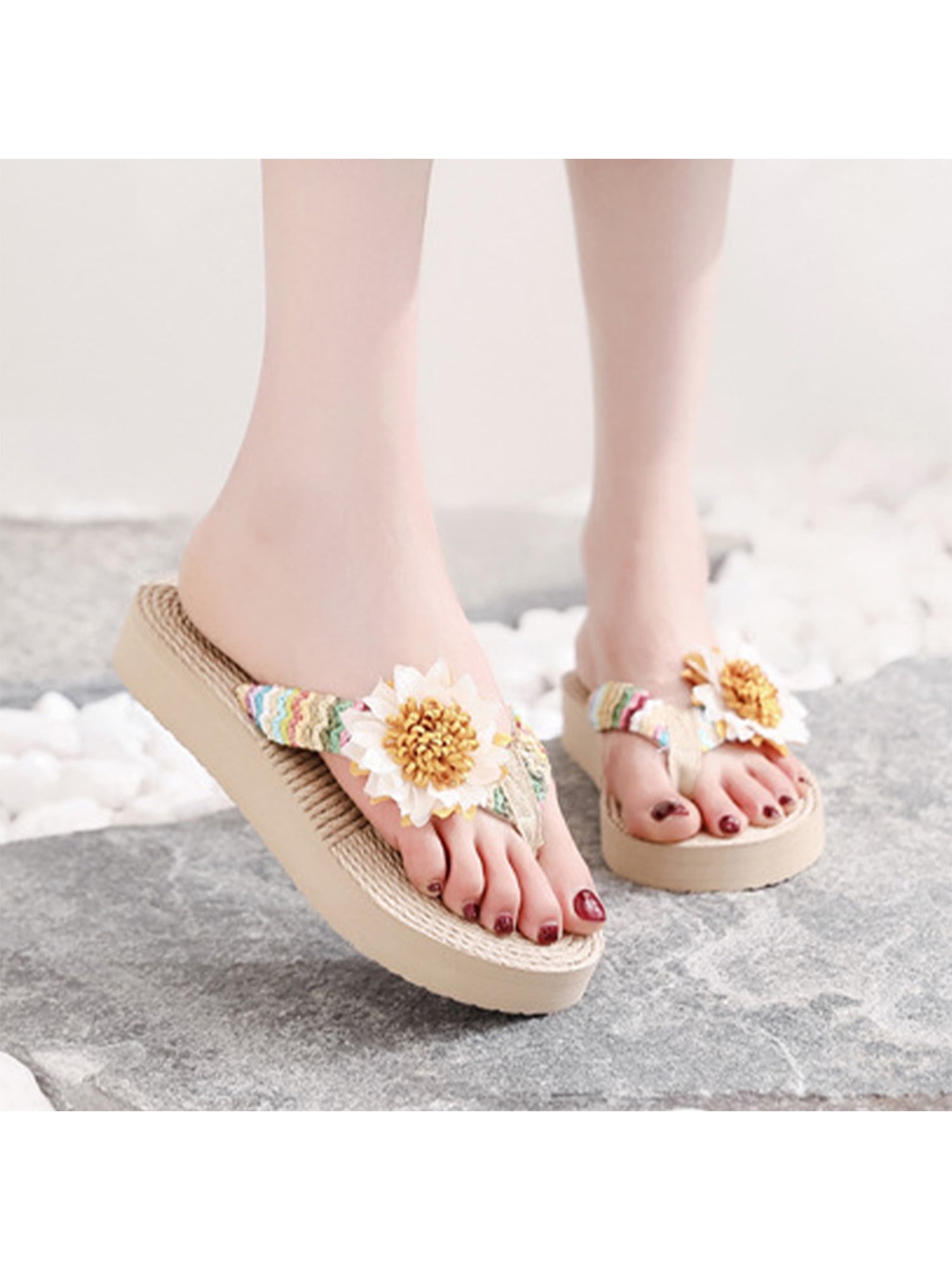 white flower flip flops
