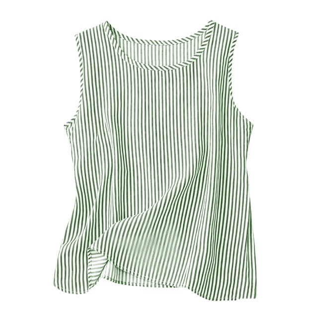 FAVIPT Débardeurs en Coton pour Femmes Col Ras du Cou Sans Manches Chemises à Rayures Légères Fluides d'Été Décontractées Tuniques Douces T-Shirts Vert,TTG