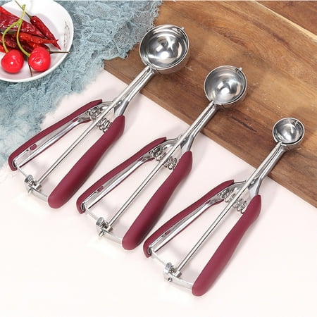 

Ice Cream Scoop Stainless Steel Scoop Spring Handle for Fruit Baller Ice Cream Cookie and Mashed Food Non-Stick Spoon for DIY Kitchen Cooking 3+4+5cm Wine Red