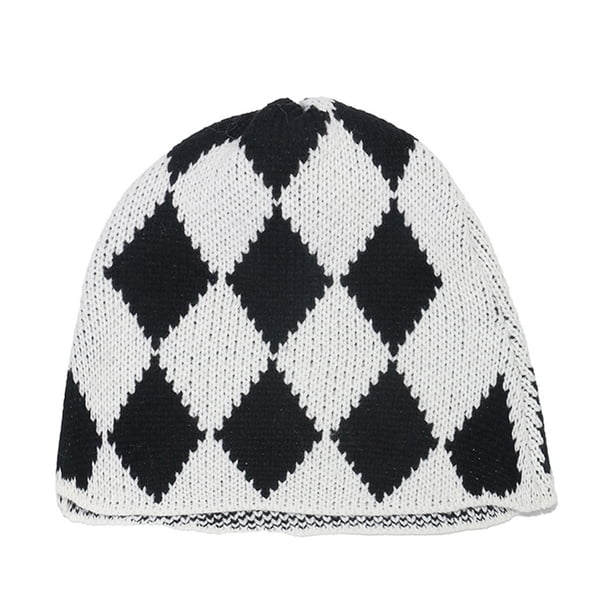 Gorro de pescador corto con puños de punto de lana para hombres y mujeres, gorros cálidos de invierno con diseño geométrico de diamantes y cuadros, gorro de lana