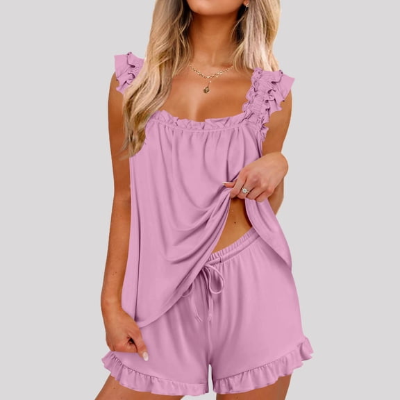 Xdegoge Pajamas Set 2 Piece Lounge Sleepwear for Women Sleeveless Square Neck Ruffle Top and Elastic Waist Shorts Set Casual Summer Nightwear Outfits Cozy PJs