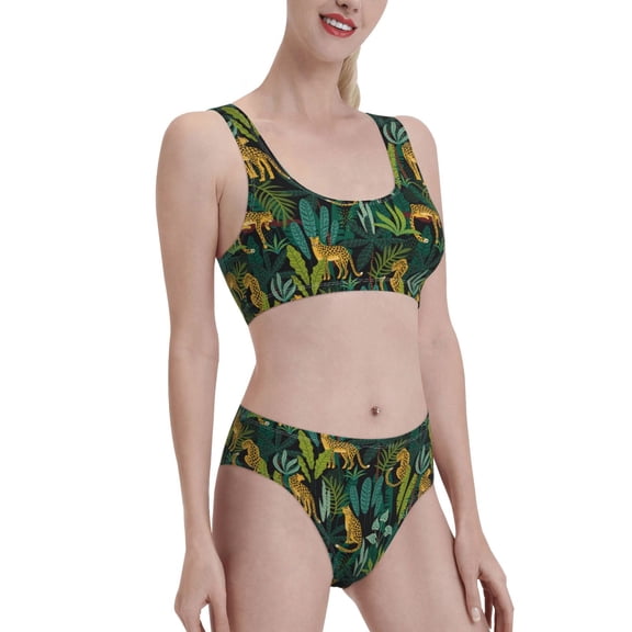 Picia Jungle Leopard Yellow Women's High Waisted Bikini Scoop Neck Swimsuit Two Pieces Bathing Suit-Small