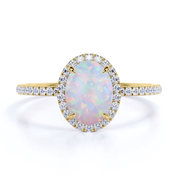 JeenMata Classic Halo Setting - 1.50 TCW Oval Cut Welo Opal and Moissanite - Pave Design Engagement Ring - 18K Yellow Gold Plating over Silver