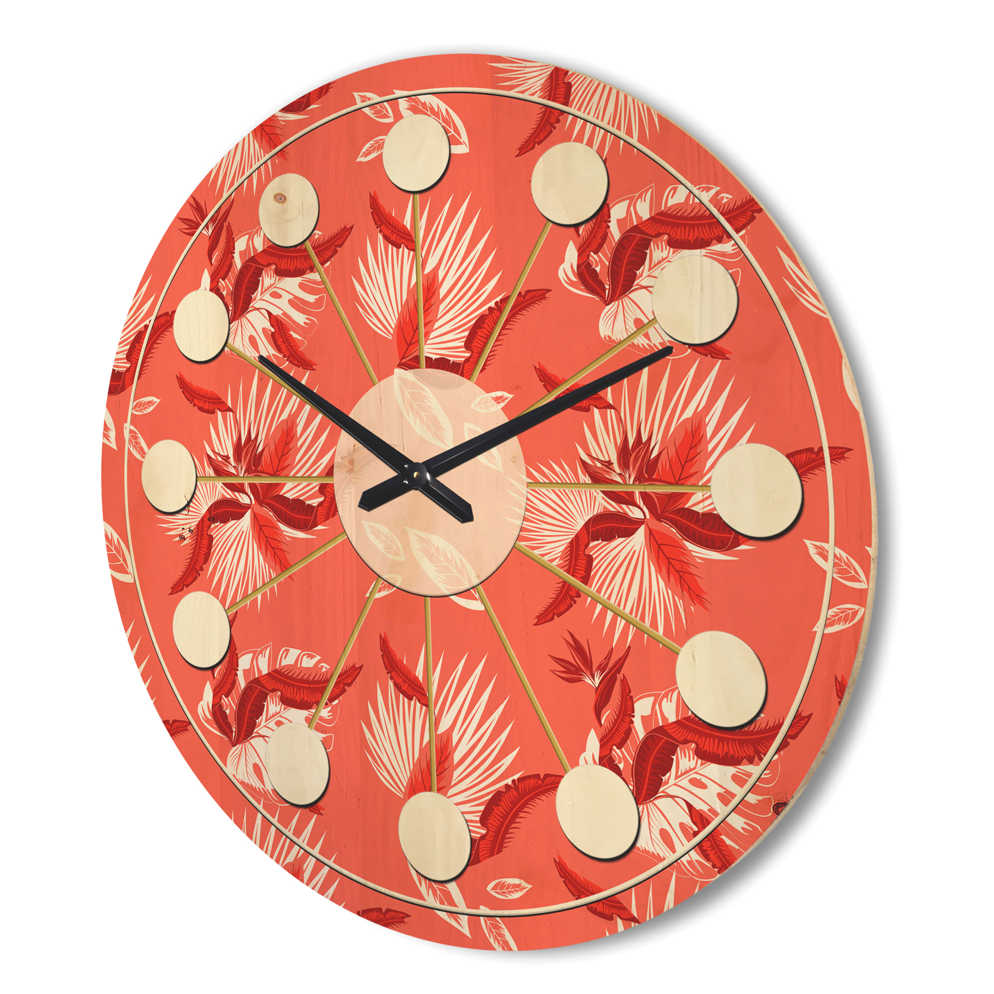 Designart 'Red Flowers Of Bird Of Paradise ' Mid-Century Modern Wood Wall Clock
