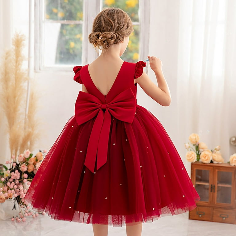 CAICJ98 Glossy Satin Flower Girl Dress V-Back Wedding Party Dresses for  Toddler Girls Pearls First Communion Dresses with Bow Wine,18-24 Months -  Walmart.com