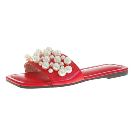 

ZIZOCWA Summer Womens Slippers Elegant Pearl Decor Large Flat Beach Shoes Sqare Toe Pu Leather Non-Slip Slippers for Women Sandalias Red Size7.5